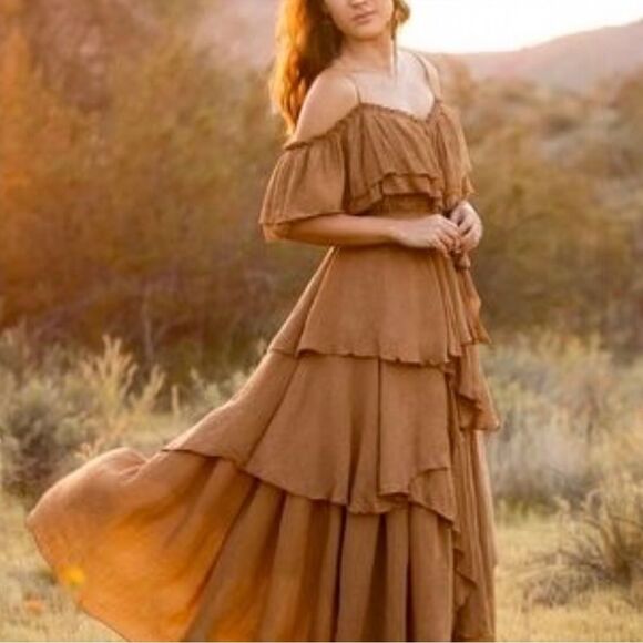 Joyfolie Laurence Maxi Dress Size XXS Brown Tan Ruffle Tiered Boho Chic Prairie - Picture 1 of 13
